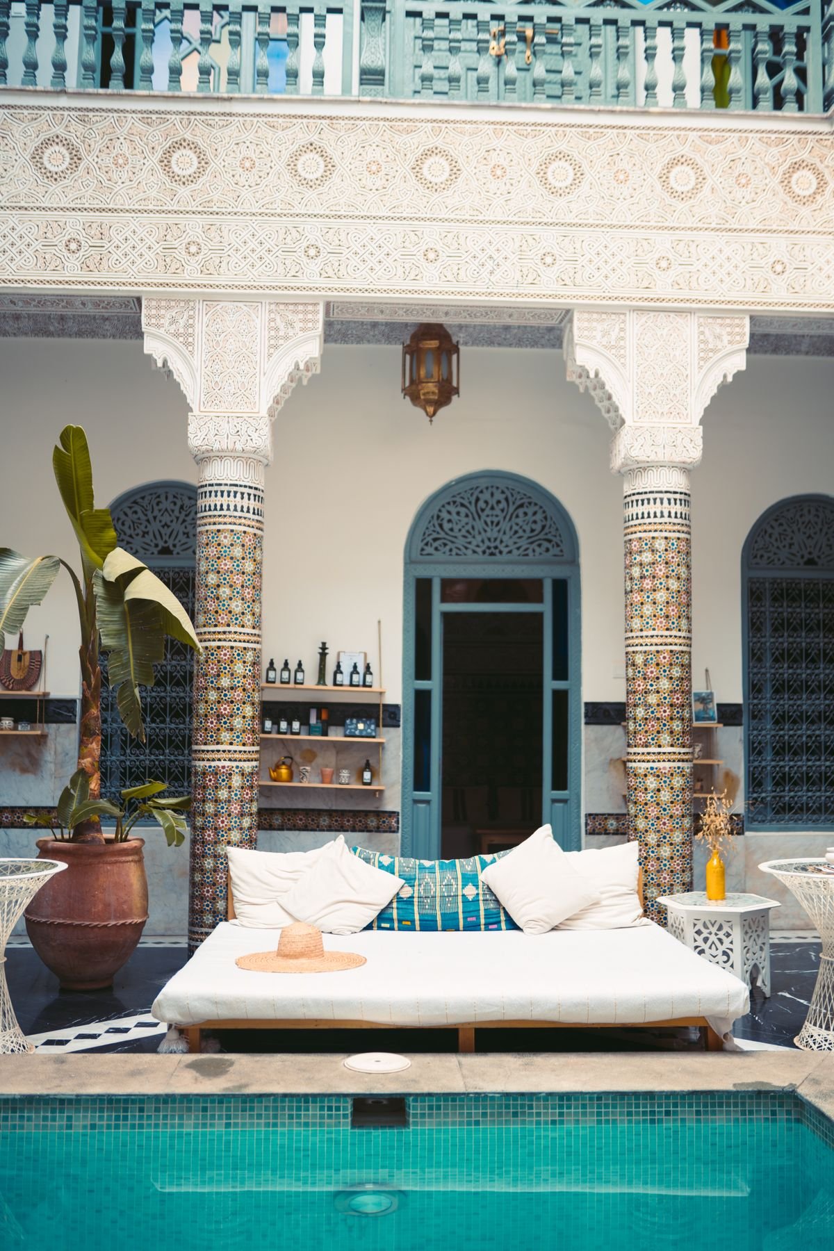 Moroccan riad courtyard with pool, similar to Riad Africa's outdoor swimming pool in Marrakech